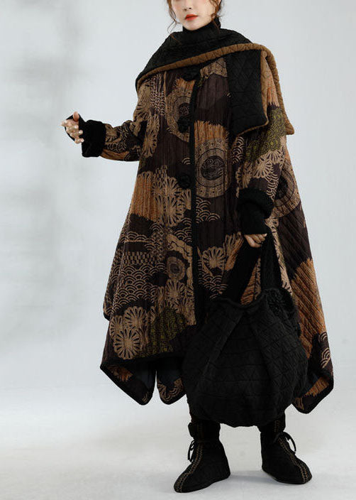 Stylish Black Asymmetrical Design Oversized Print Fine Cotton Filled Trench Coats Winter