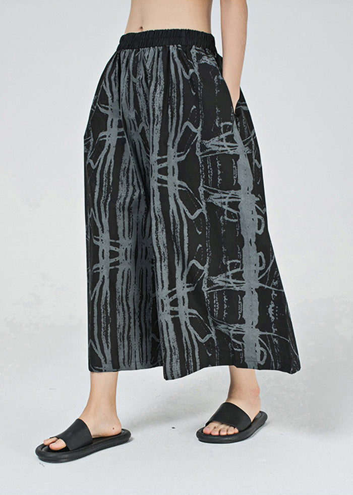 Stylish Black Asymmetrical Design Print Cotton Crop Pants Spring
