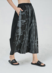 Stylish Black Asymmetrical Design Print Cotton Crop Pants Spring