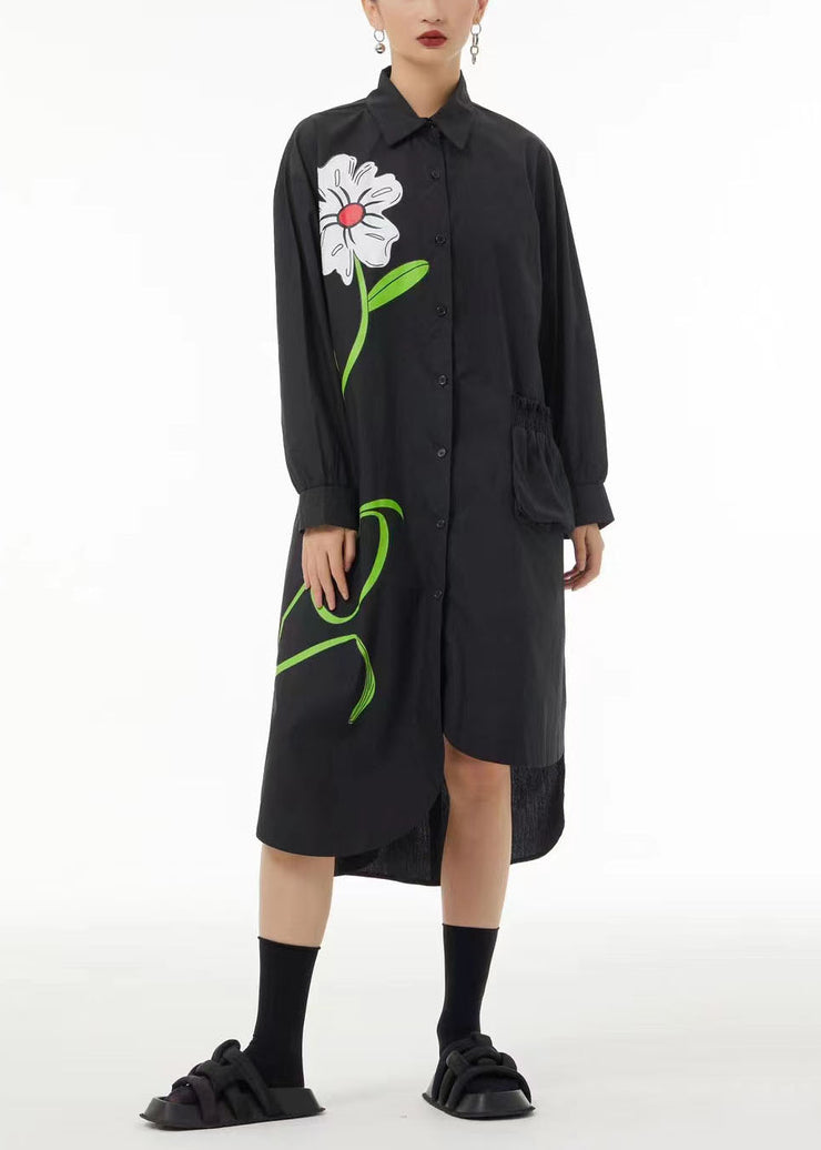 Stylish Black Asymmetrical Floral Pocket Cotton Vacation Dresses Spring