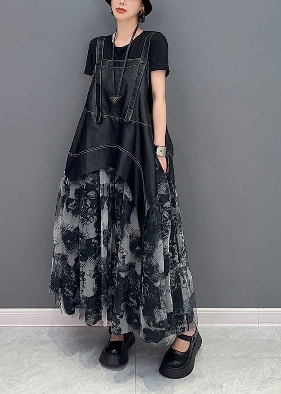 Stylish Black Asymmetrical Patchwork Exra Large Hem Chiffon Strap Dress Summer