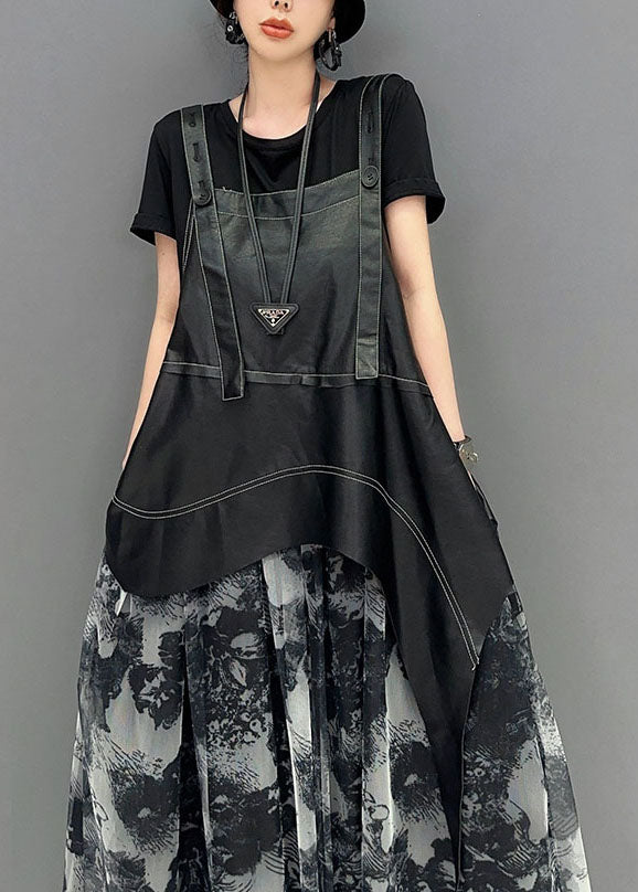 Stylish Black Asymmetrical Patchwork Exra Large Hem Chiffon Strap Dress Summer