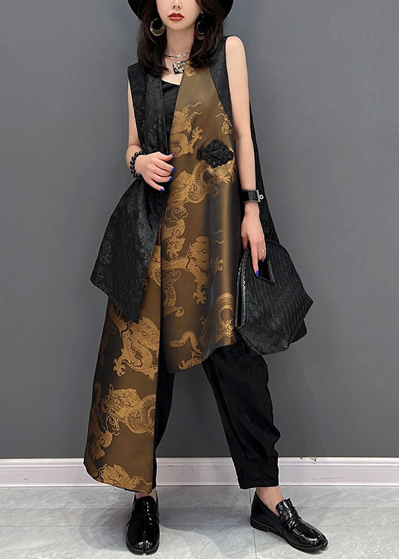 Stylish Black Asymmetrical Patchwork Jacquard Silk Chinese Style Vests Sleeveless