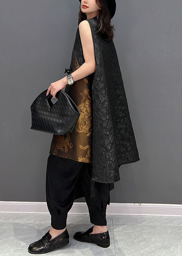 Stylish Black Asymmetrical Patchwork Jacquard Silk Chinese Style Vests Sleeveless