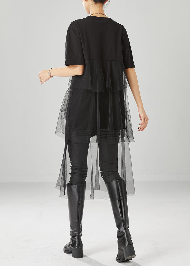 Stylish Black Asymmetrical Patchwork Tulle Cotton Dresses Summer