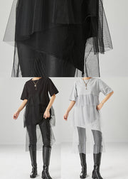Stylish Black Asymmetrical Patchwork Tulle Cotton Dresses Summer