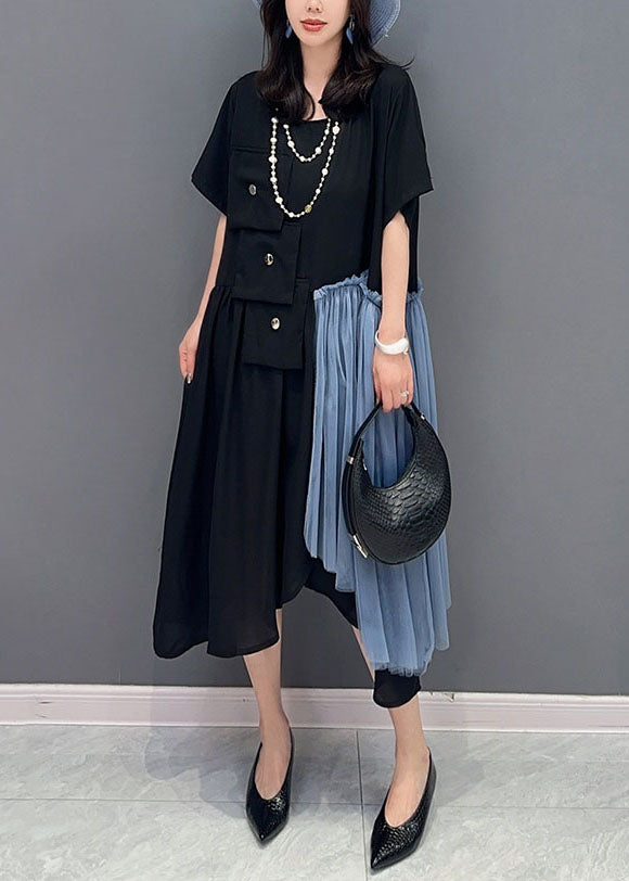 Stylish Black Asymmetrical Tulle Patchwork Cotton Dress Summer