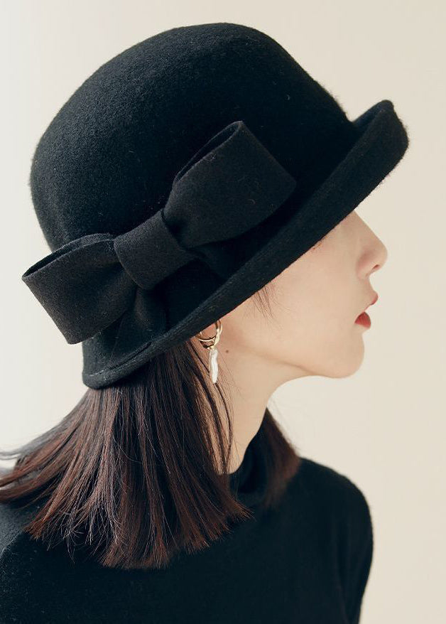 Stylish Black Bow Edge Curl Woolen Cloche Hat