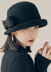 Stylish Black Bow Edge Curl Woolen Cloche Hat