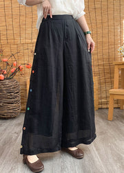 Stylish Black Elastic Waist Button Solid Linen Wide Leg Pants Summer