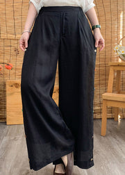 Stylish Black Elastic Waist Button Solid Linen Wide Leg Pants Summer