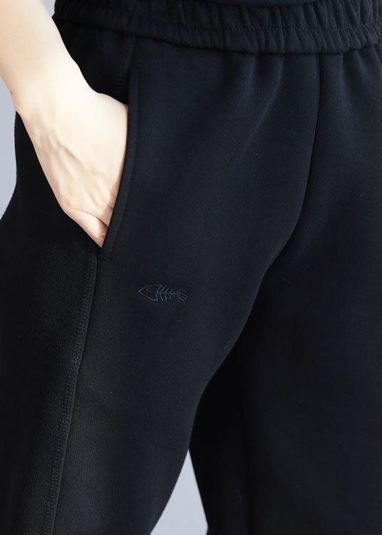 Stylish Black Elastic Waist Fish Embroidered Warm Fleece Beam Pants Winter