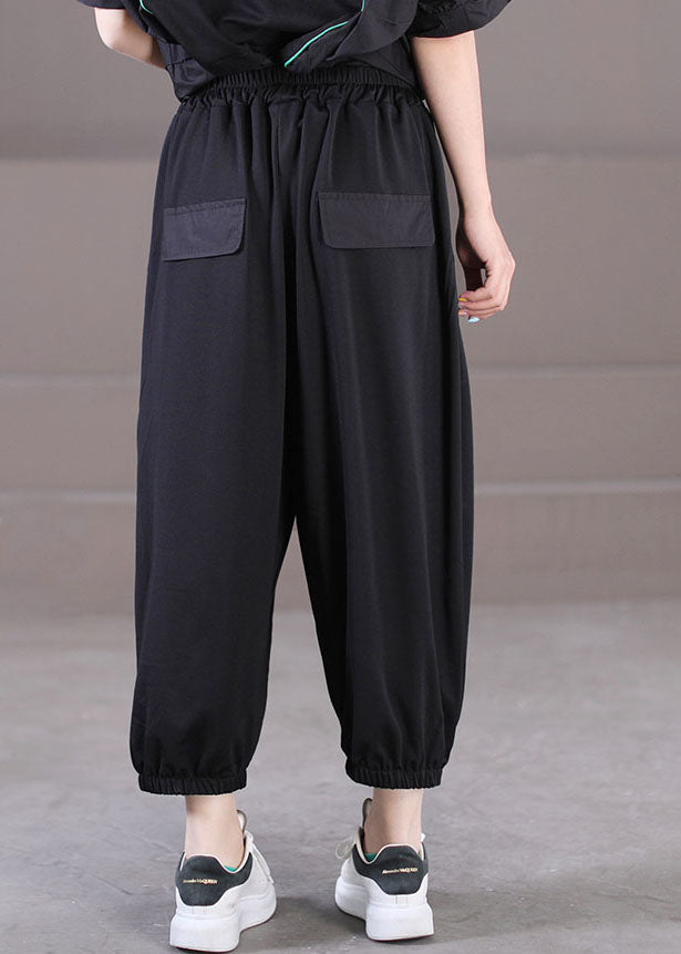 Stylish Black Elastic Waist Pockets Letter Print Cotton Streetwear Harem Pants Summer