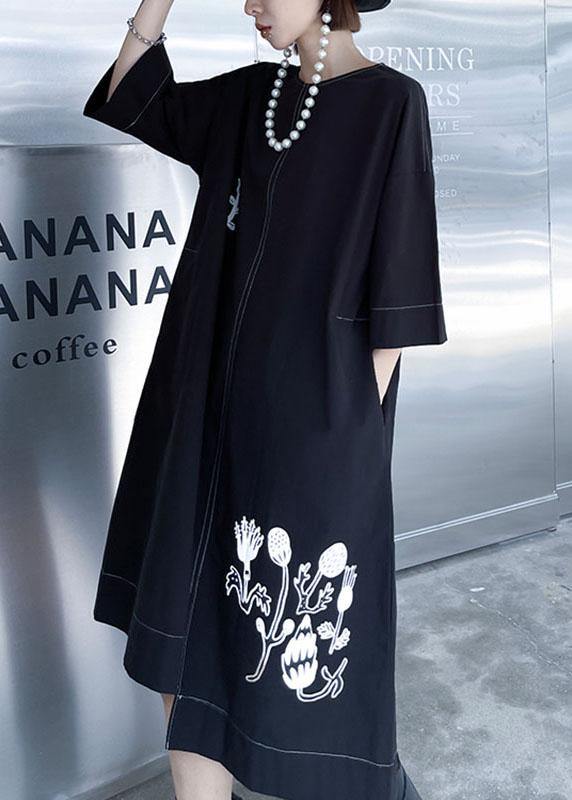 Stylish Black Embroideried Button Asymmetrical Design Fall Long sleeve Dresses - SooLinen
