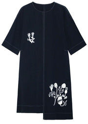 Stylish Black Embroideried Button Asymmetrical Design Fall Long sleeve Dresses - SooLinen
