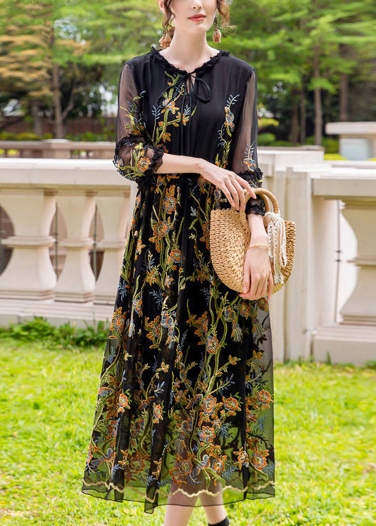 Stylish Black Embroidered Hollow Out Silk Maxi Dresses Summer