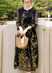 Stylish Black Embroidered Hollow Out Silk Maxi Dresses Summer