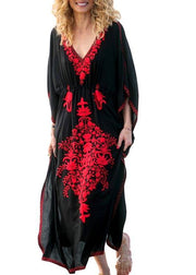 Stylish Black Embroideried Long sleeve kimono robe Maxi  Summer - SooLinen