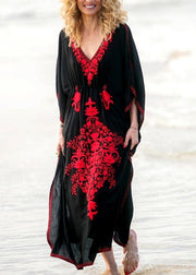 Stylish Black Embroideried Long sleeve kimono robe Maxi  Summer - SooLinen