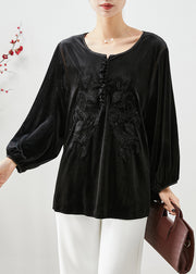 Stylish Black Embroidered Oversized Silk Velour Blouse Top Fall