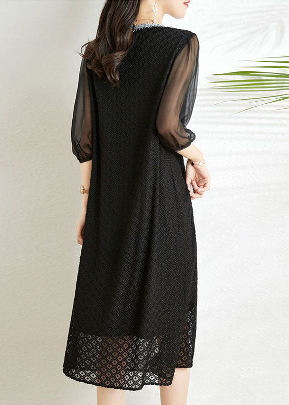 Stylish Black Embroidered Patchwork Lace Robe Dresses Half Sleeve