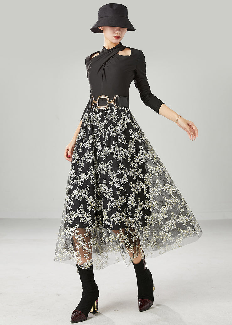 Stylish Black Embroidered Tulle Skirt Summer