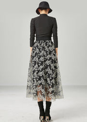 Stylish Black Embroidered Tulle Skirt Summer
