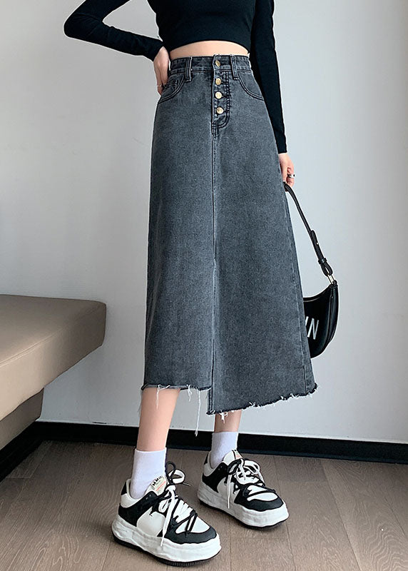 Stilvolle A-Linien-Röcke aus Baumwolle mit hoher Taille, schwarz, grau, seitlich offen, asymmetrisch, Sommer