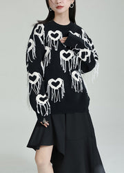Stylish Black Heart Tasseled Thick Patchwork Knit Sweaters Tops Fall