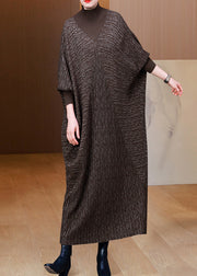 Stylish Black Hign Neck Patchwork Woolen Knitwear Dress Winter