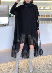 Stylish Black Hign Neck Tasseled Patchwork Low High Design Cotton Dresses Fall