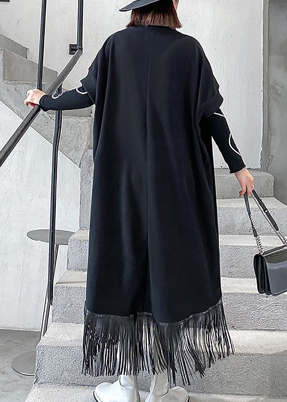 Stylish Black Hign Neck Tasseled Patchwork Low High Design Cotton Dresses Fall