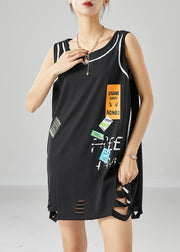 Stylish Black Hollow Out Patchwork Applique Cotton Ripped Tops Sleeveless
