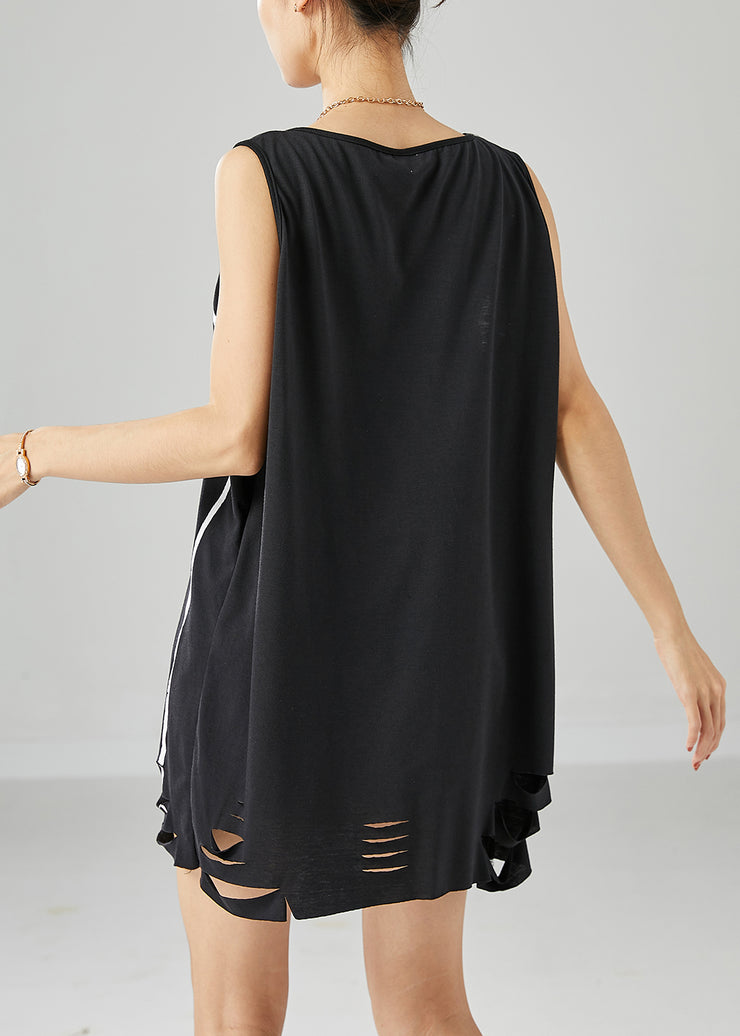 Stylish Black Hollow Out Patchwork Applique Cotton Ripped Tops Sleeveless