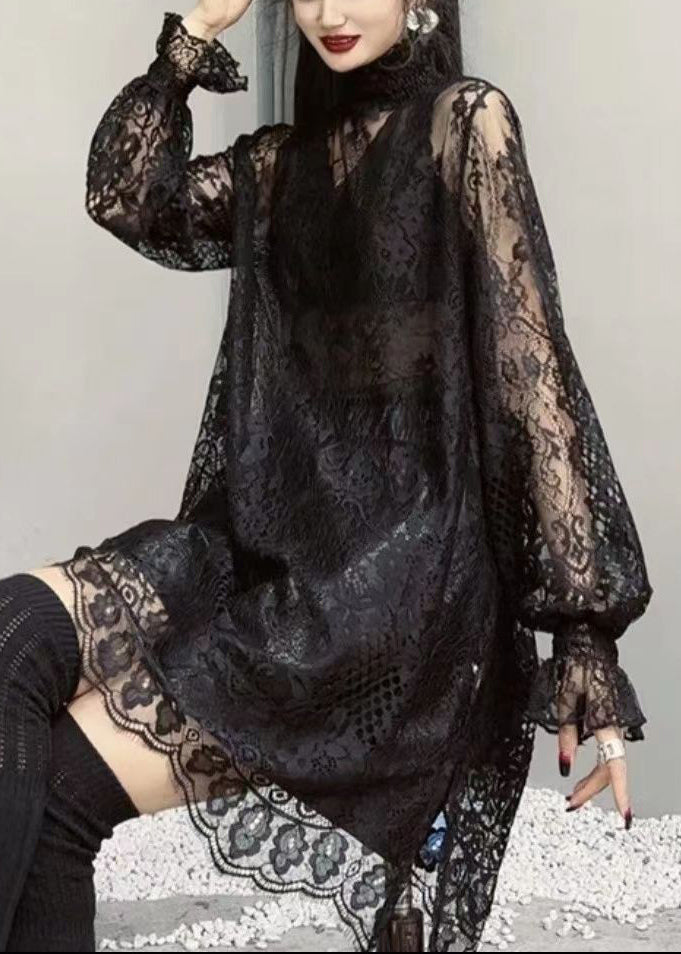 Stylish Black Hollow Out Patchwork Lace Top Fall