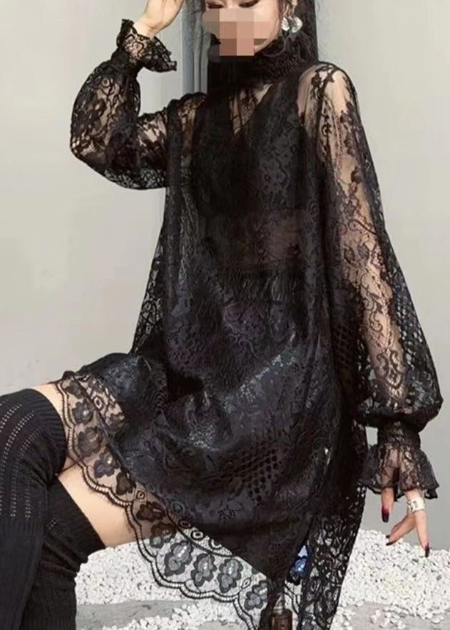 Stylish Black Hollow Out Patchwork Lace Top Fall