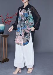 Stylish Black Hollow Out Patchwork Print Chiffon Blouse Tops Summer