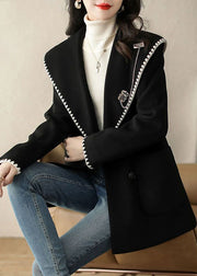 Stylish Black Hooded Button Patchwork Woolen Coat Fall