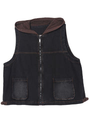 Stilvolle schwarze Kapuzen-Patchwork-Taschen-Reißverschluss-Herbst-Weste