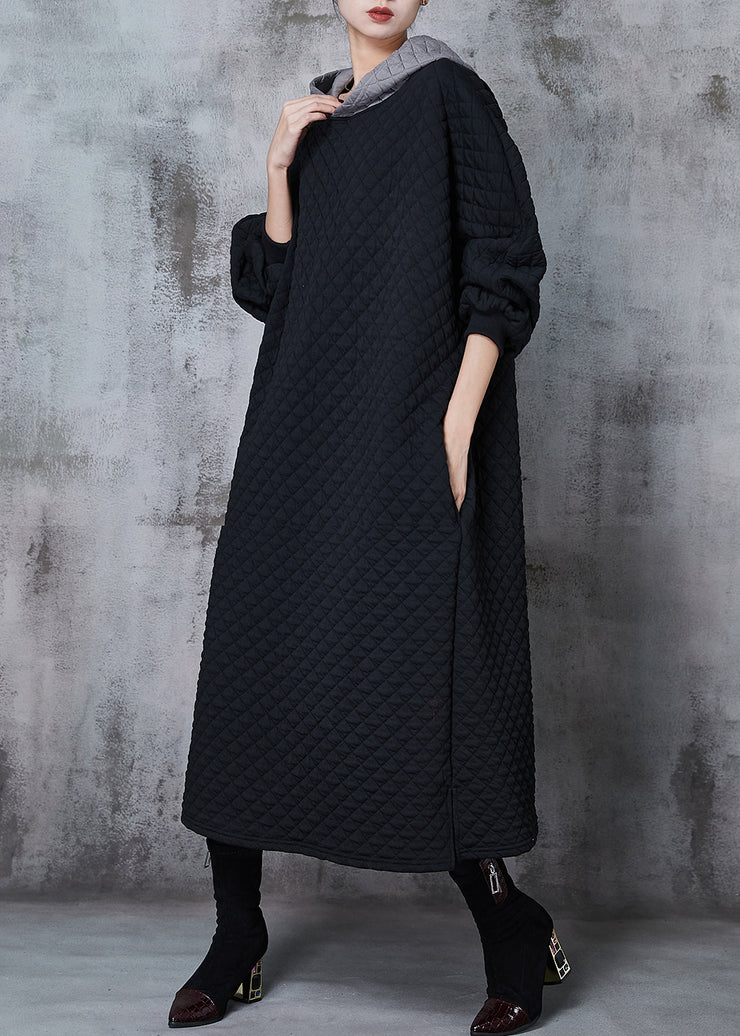 Stylish Black Hooded Patchwork Thick Cotton Holiday Dress Spring