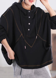 Stilvolle schwarze Kapuzentaschen Baumwolle Sweatshirts Top Langarm