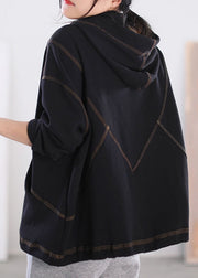 Stilvolle schwarze Kapuzentaschen Baumwolle Sweatshirts Top Langarm