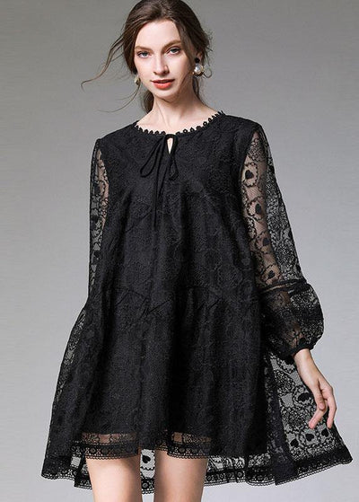 Stylish Black Loose Embroideried Spring Long Sleeve Dress - SooLinen
