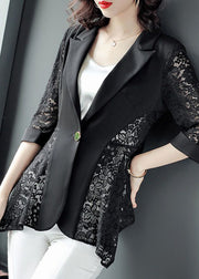 Stylish Black Notched Collar Lace Patchwork Hollow Out Spandex Coats Summer