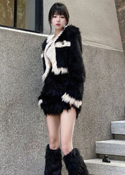 Stylish Black O-Neck Coats And Skirts Mink Velvet Two Pieces Set Winter