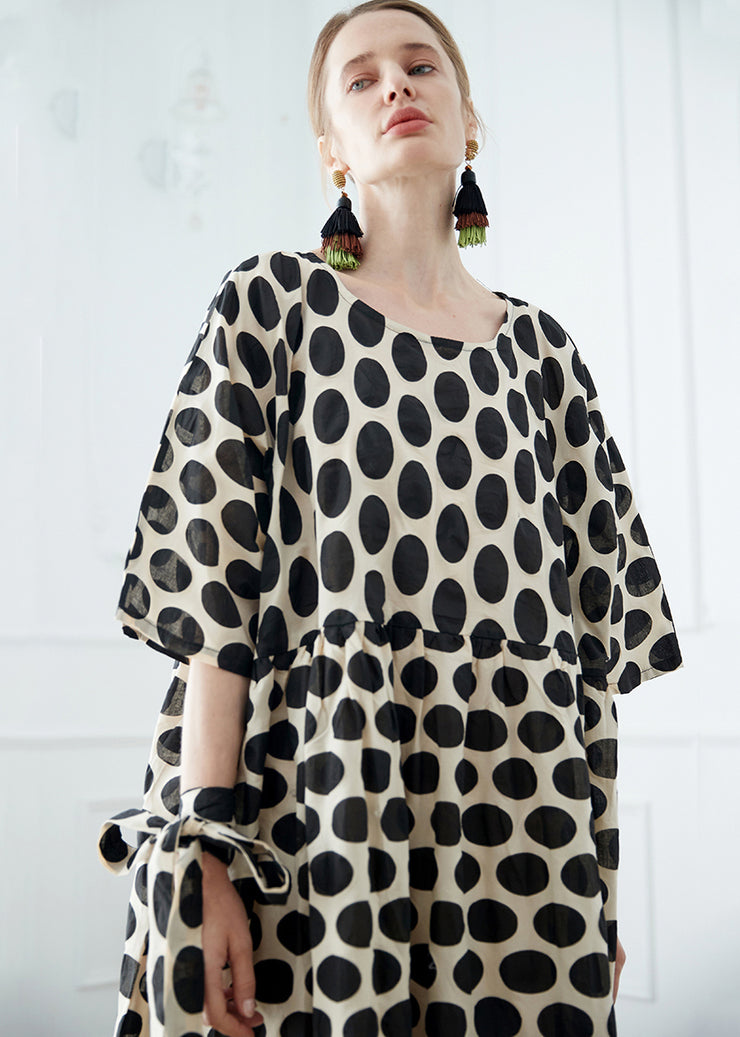 Stylish Black O Neck Dot Patchwork Cotton Robe Dresses Summer