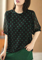 Stilvolles schwarzes O-Neck Dot Print Drapierendes Chiffon-Hemd mit kurzen Ärmeln
