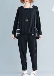 Stylish Black O-Neck Drawstring Patchwork Plaid Cotton Loose Sweatshirts Top Spring