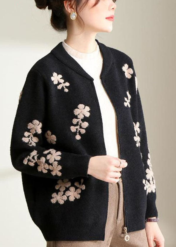 Stylish Black O-Neck Embroidered Teddy Knitted Coat Long Sleeve
