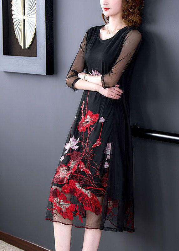 Stylish Black O-Neck Embroidered Tulle A Line Dress Bracelet Sleeve